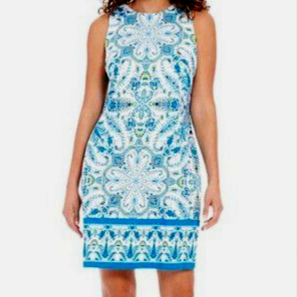London Times Sleeveless Shift Dress Mandala Print Geometric White Blue Size 8